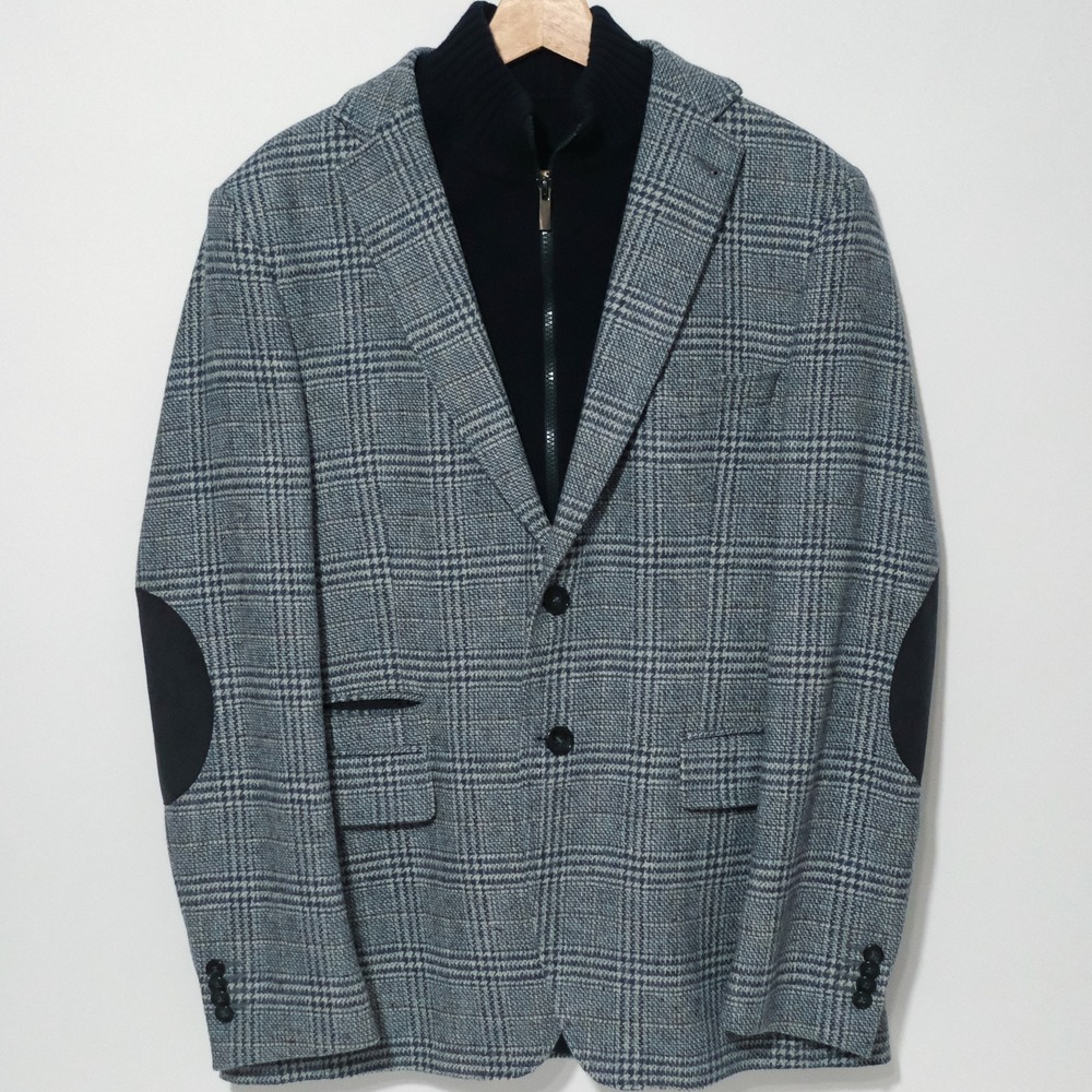 Boggi Milano Blazer Mens Plaid Elbow Patch Blue Italy 50
